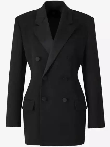 Black Double-Breasted Wool-Blend Blazer with Satin Trim Branna Couture