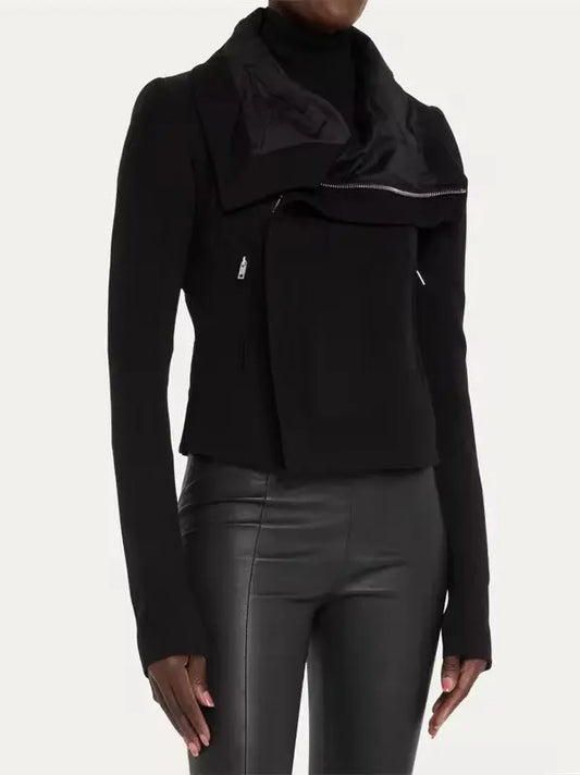 Black Draped-Collar Biker Jacket - Branna Couture