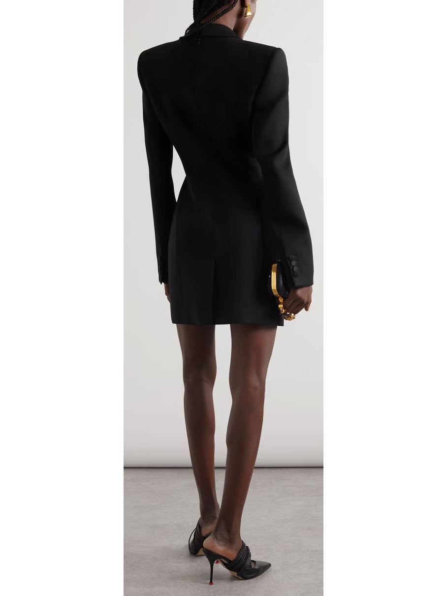 Black Draped Satin-Trimmed Mini Dress - Branna Couture