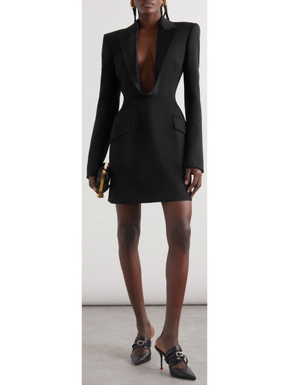 Black Draped Satin-Trimmed Mini Dress - Branna Couture