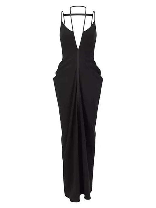 Black Draped V-Neck Backless Dress - Branna Couture