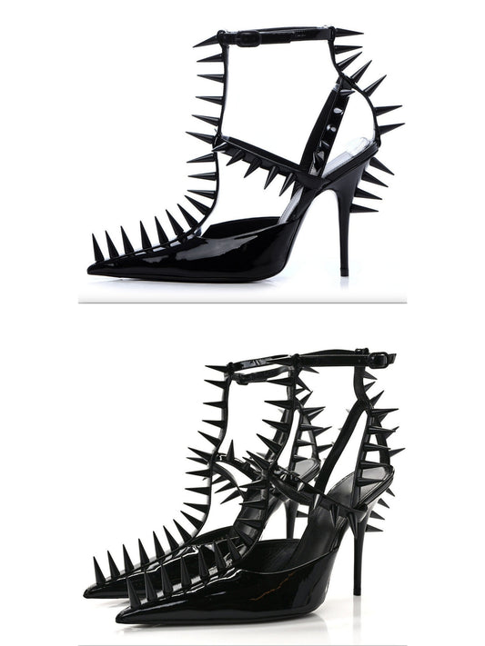 Black Extreme Studded Patent Vegan Leather Sandals - Branna Couture