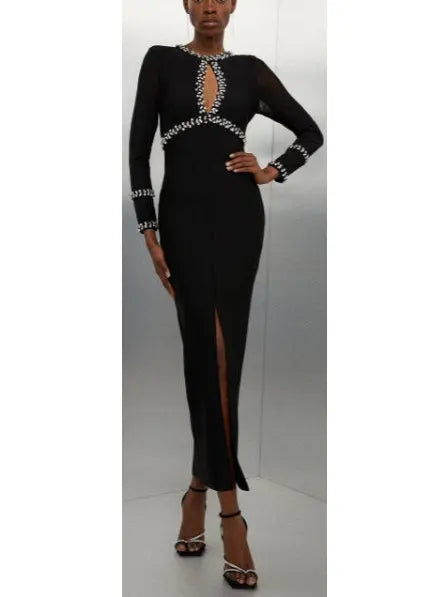 Black Fitted Crystal Embellished Long Evening Dress with Keyhole - Branna Couture