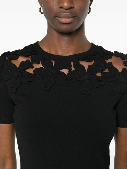 Black Floral-Appliqué Cotton Mini Dress&nbsp; - Branna Couture