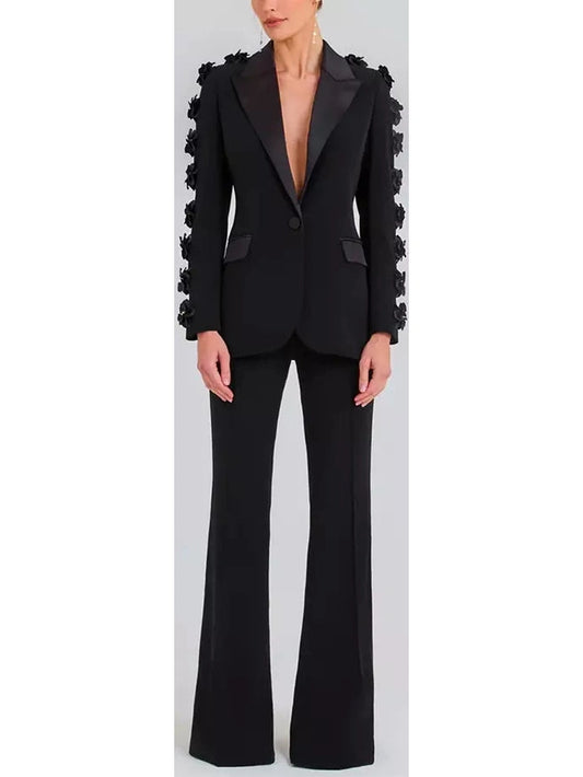 Black Floral-Applique Embellished Single-Breasted Blazer and High-Waist Pant Suit - Branna Couture