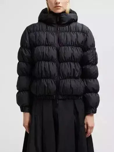 Black Hooded Ruched Puffer Jacket - Branna Couture