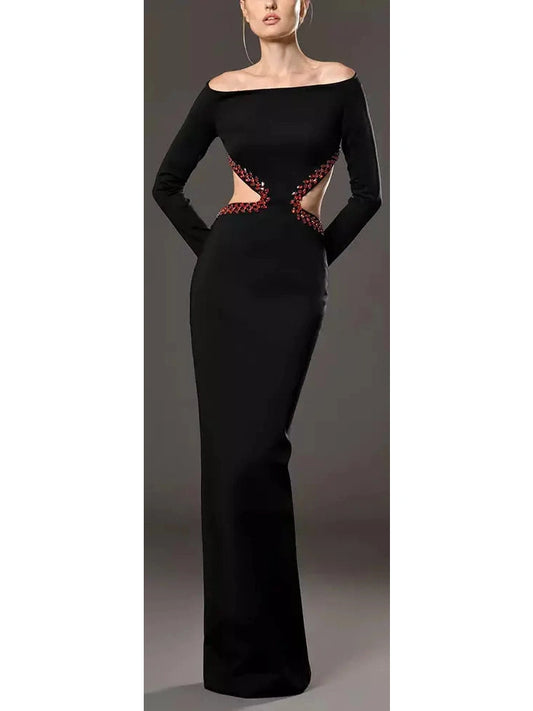 Black Jersey Dress Featuring Red Crystal Embroidery on the Waist Cut-Out and Back - Branna Couture