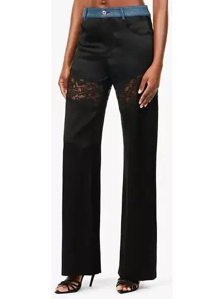 Black Lace-Panel Straight-Leg Satin Pants - Branna Couture