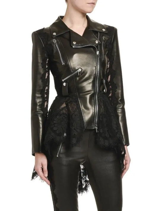 Black Lace Peplum Leather Biker Jacket - Branna Couture