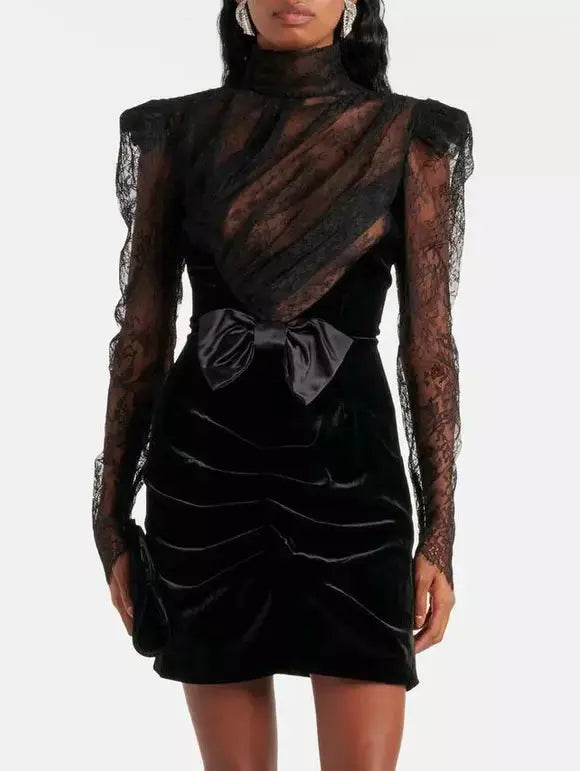 Black Lace and Velvet Ruched Mini Dress with Bow Branna Couture