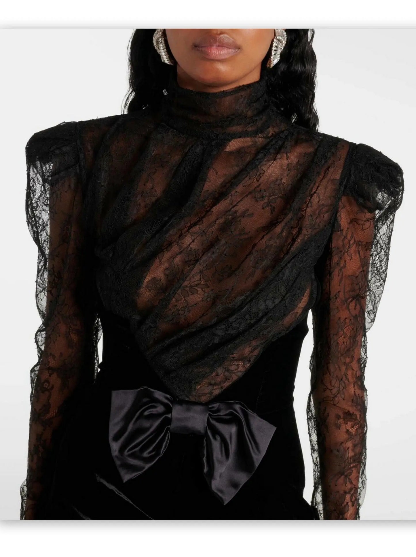 Black Lace and Velvet Ruched Mini Dress with Bow Branna Couture