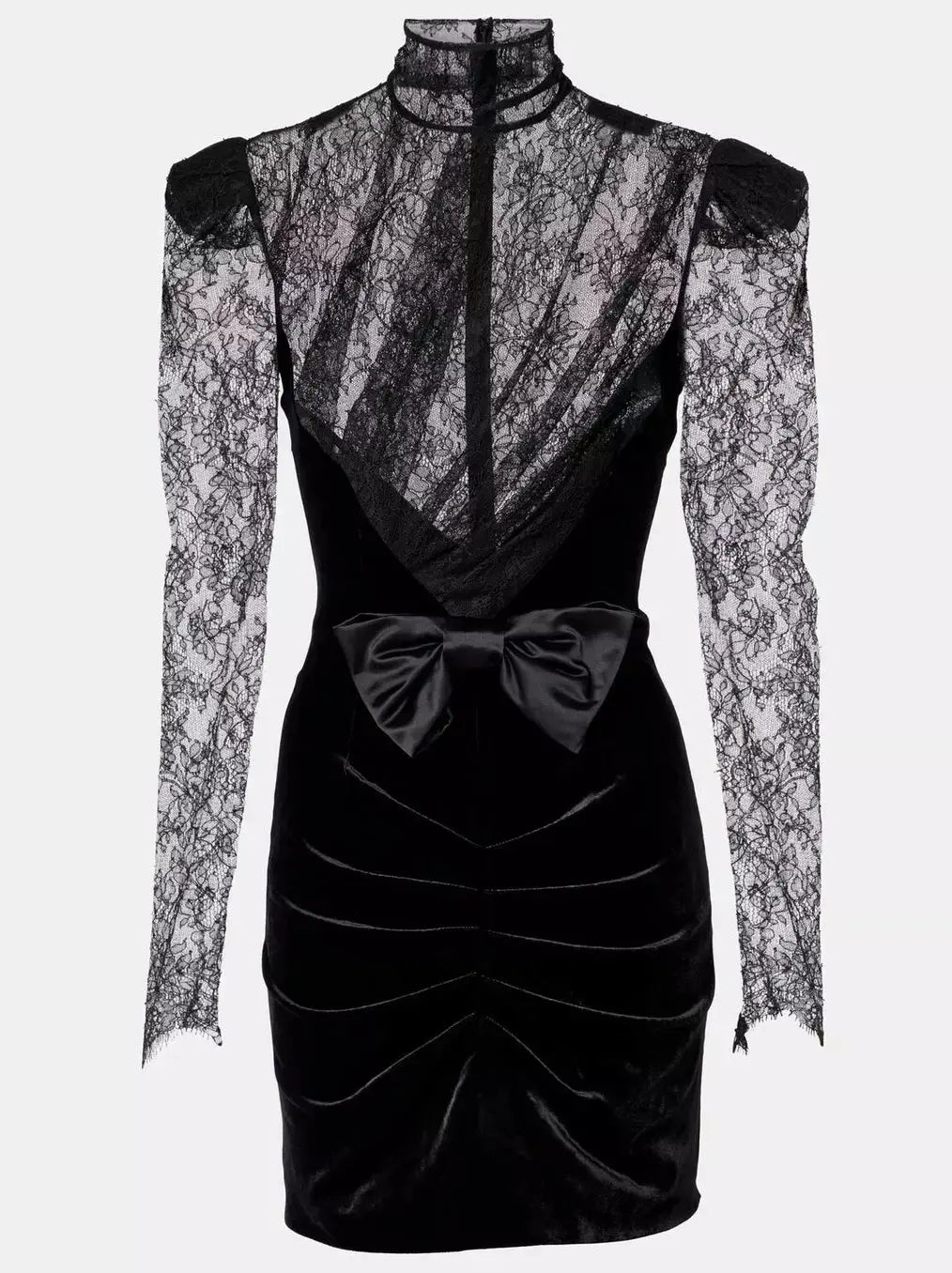 Black Lace and Velvet Ruched Mini Dress with Bow Branna Couture