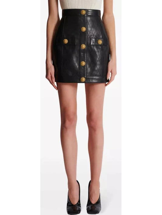 Black Leather Mini Skirt with Gold Button Embellishments - Branna Couture