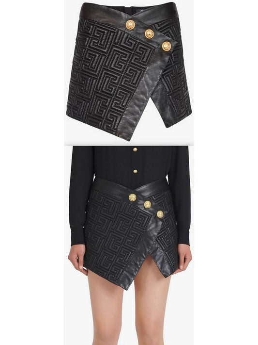 Black Leather Short Embossed Skirt with Monogram - Branna Couture