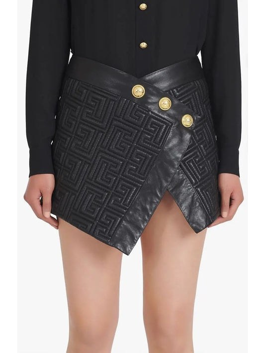 Black Leather Short Embossed Skirt with Monogram - Branna Couture