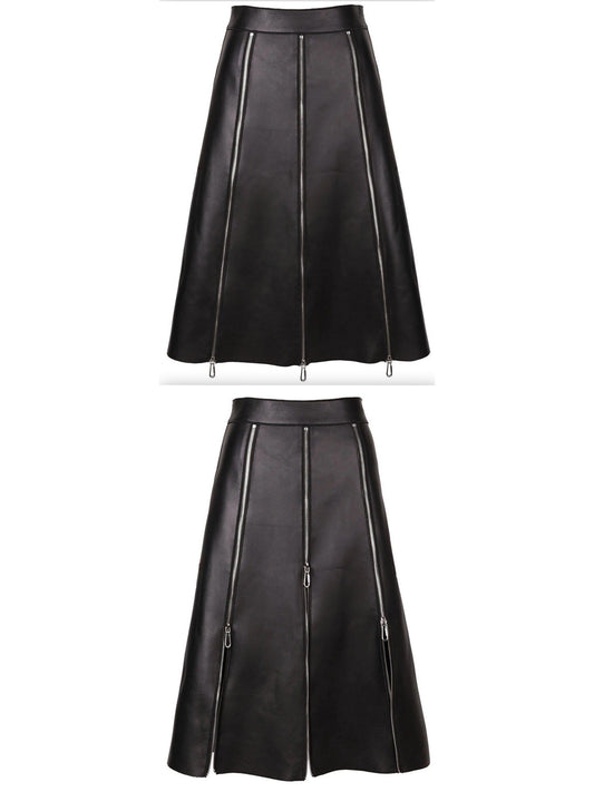 Black Leather Zip-Embellished Midi Skirt - Branna Couture