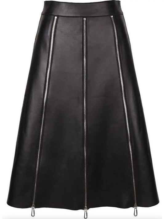 Black Leather Zip-Embellished Midi Skirt - Branna Couture