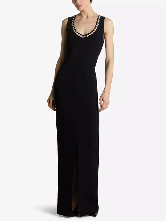 Black Long Embellished V-Neck Dress - Branna Couture