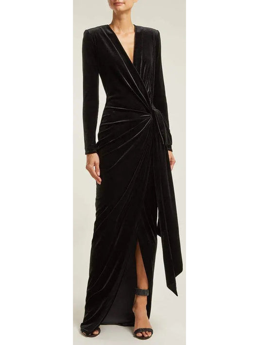 Black Long Ruched Asymmetrical Velvet Gown - Branna Couture