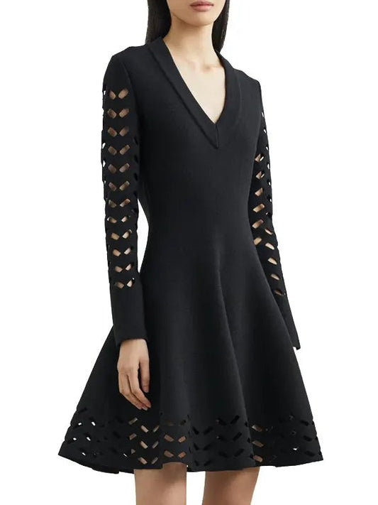 Black Long-Sleeve Open-Work Knit Dress - Branna Couture