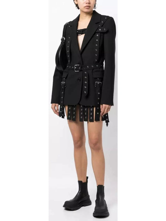 Black Multi Buckle Belted Single Breasted Blazer - Branna Couture