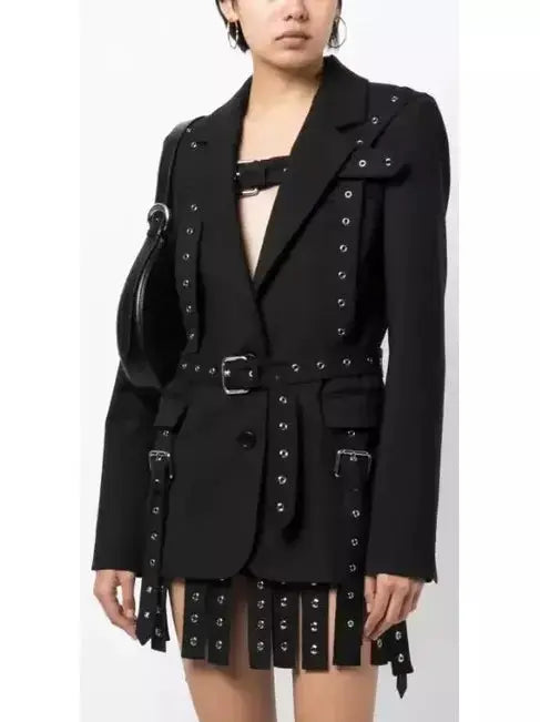 Black Multi Buckle Belted Single Breasted Blazer Branna Couture