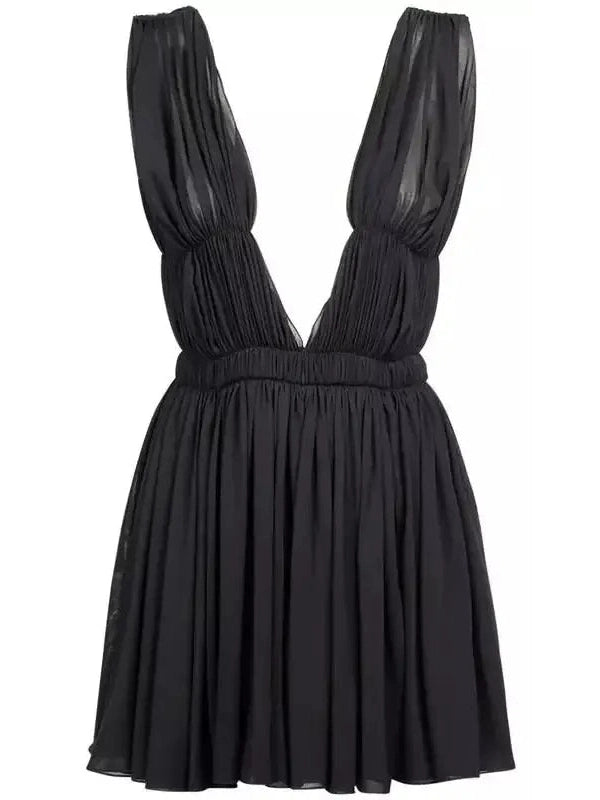 Black Pleated Open-Back Mini Dress - Branna Couture