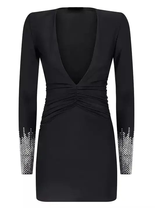 Black Plunge V-Neck Mini Dress with Embellished Sleeves - Branna Couture