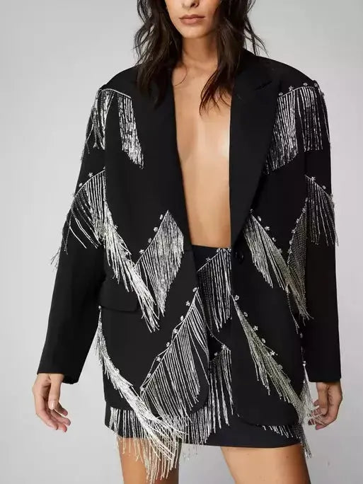 Black Premium Studded Fringe-Embellished Blazer Branna Couture