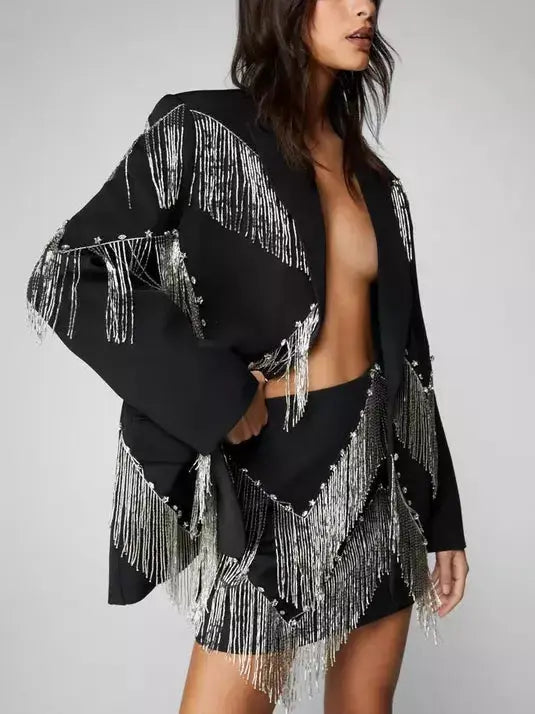 Black Premium Studded Fringe-Embellished Blazer Branna Couture