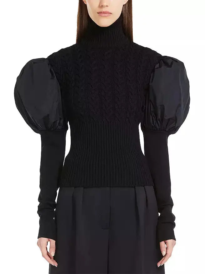 Black Puff-Sleeve Cable Knit Turtle-Neck Sweater Branna Couture