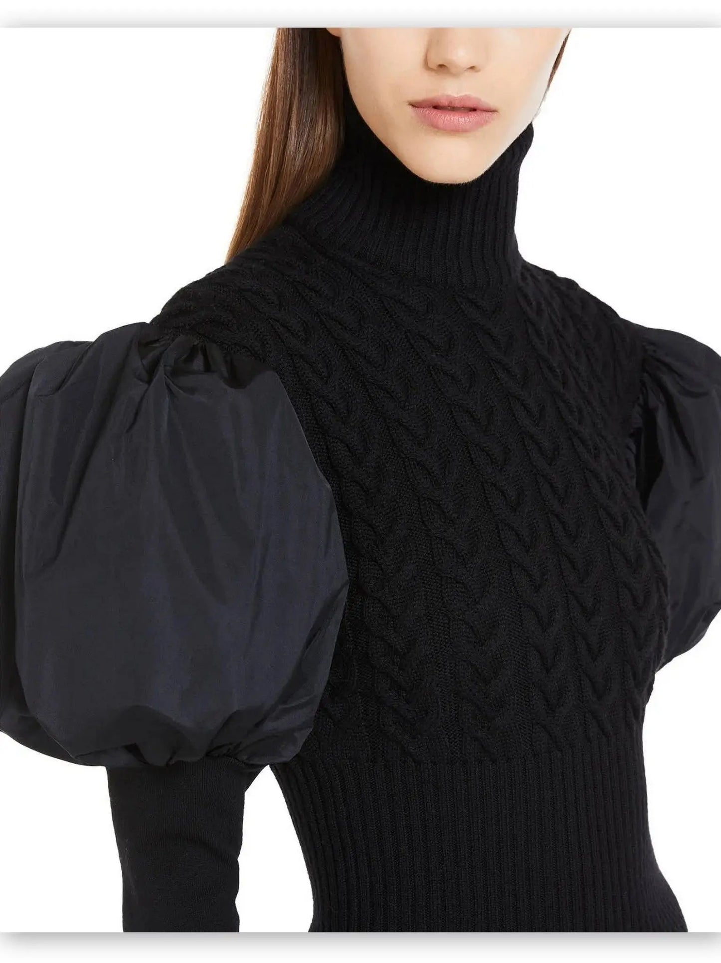 Black Puff-Sleeve Cable Knit Turtle-Neck Sweater Branna Couture