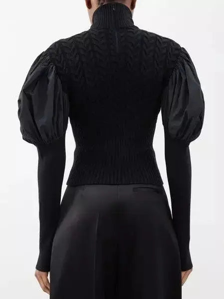 Black Puff-Sleeve Cable Knit Turtle-Neck Sweater Branna Couture