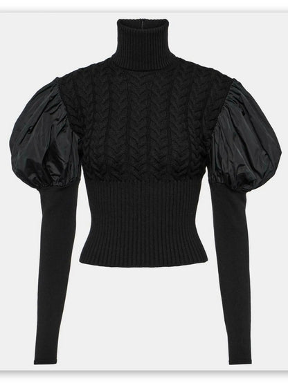 Black Puff-Sleeve Cable Knit Turtle-Neck Sweater Branna Couture