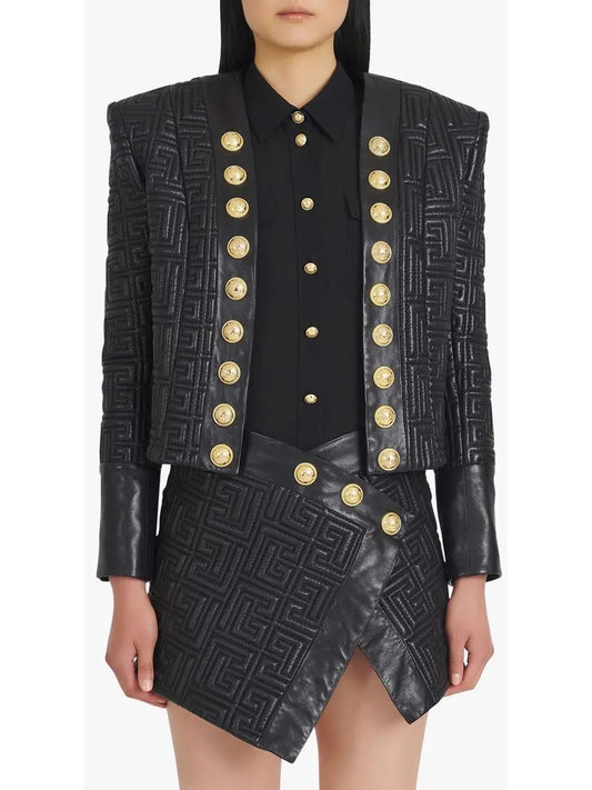 Black Quilted Leather Spencer Jacket with Monogram - Branna Couture