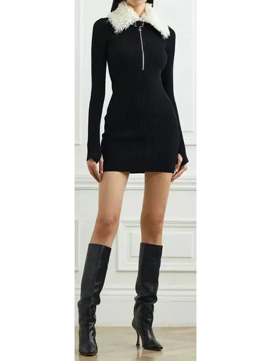 Black Ribbed Knit Dress with Faux-Fur Collar - Branna Couture