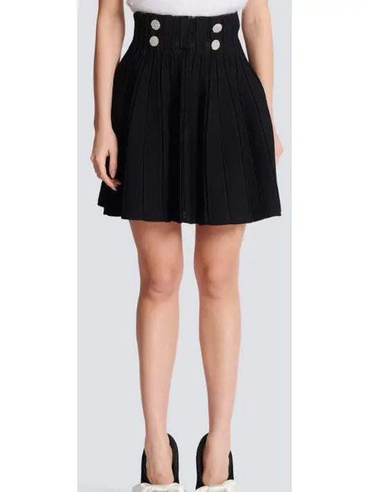 Black Ribbed Knit Skater Mini Skirt with Crystal Buttons - Branna Couture