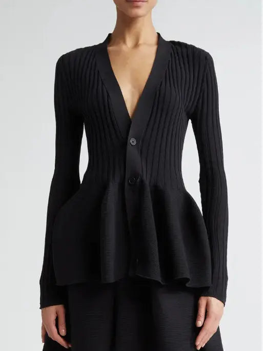 Black Ribbed Knit V-Neck Cardigan Sweater Branna Couture