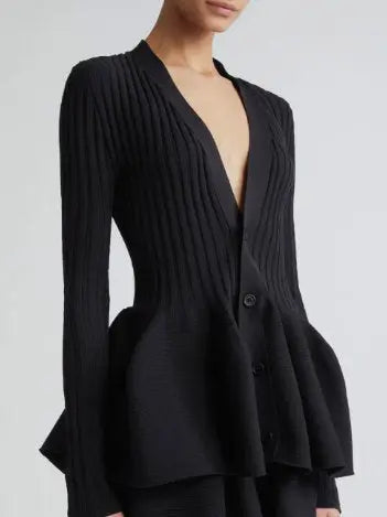 Black Ribbed Knit V-Neck Cardigan Sweater Branna Couture