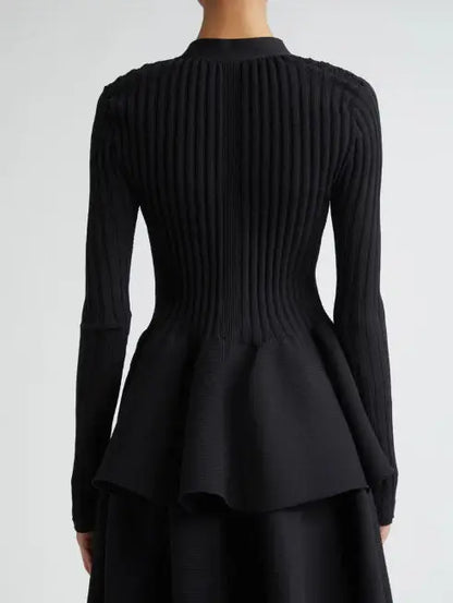 Black Ribbed Knit V-Neck Cardigan Sweater Branna Couture