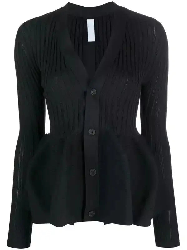 Black Ribbed Knit V-Neck Cardigan Sweater Branna Couture