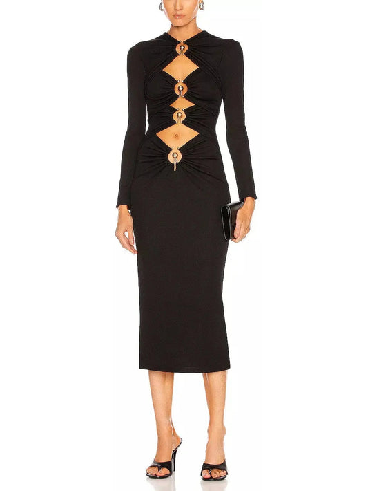 Black Ruched Column Long Sleeve Midi Dress - Branna Couture