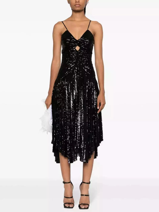 Black Sequin-Embellished Gathered Pleated Midi Dress - Branna Couture