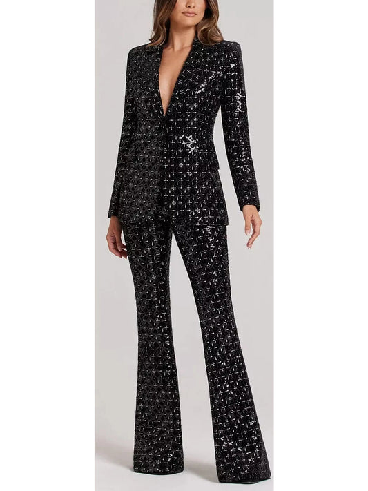 Black Sequin-Embellished Single-Breasted Fitted Jacket and Flared Pant Suit - Branna Couture