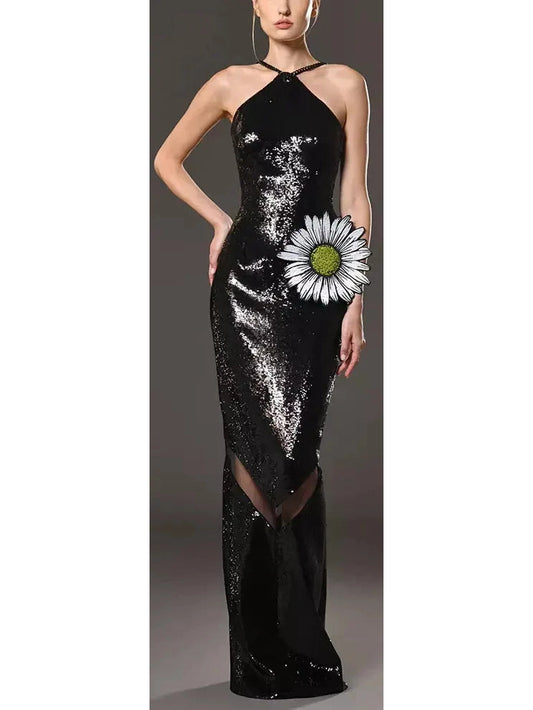 Black Sequined Dress with Daisy Embroidery - Branna Couture