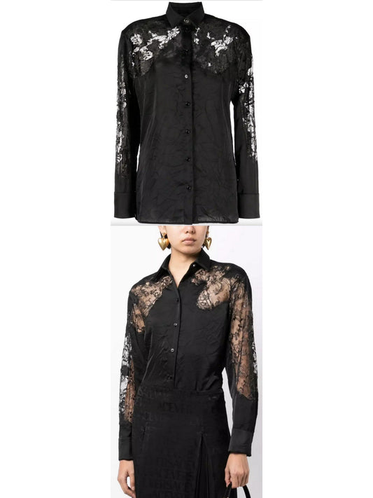 Black Sheer-Lace Crinkled Satin Shirt - Branna Couture