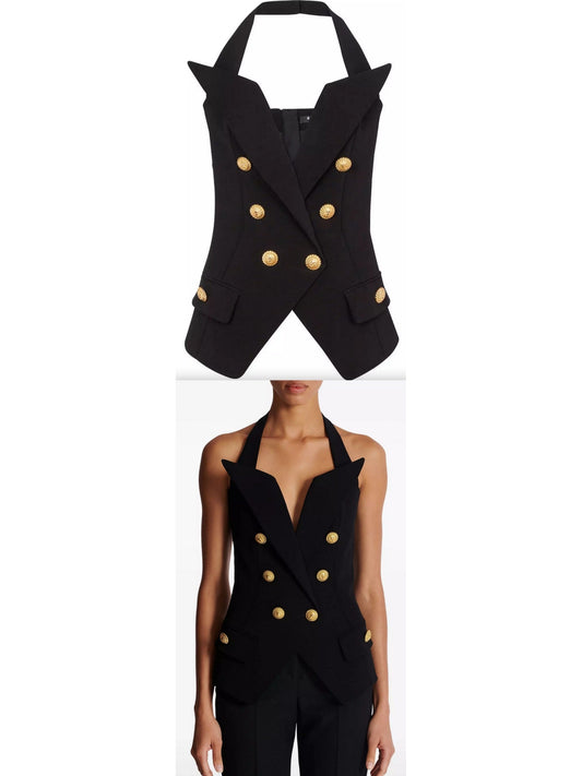 Black Tailored Double-Breasted Halterneck Vest Top - Branna Couture