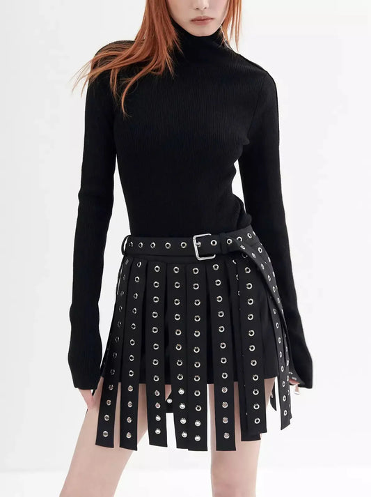 Black Tassel-Overlay Grommet-Embellished Mini Skirt - Branna Couture