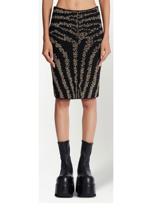 Black Tweed Skirt with Embroidered Gold-Toned Studs Zebra Motif - Branna Couture