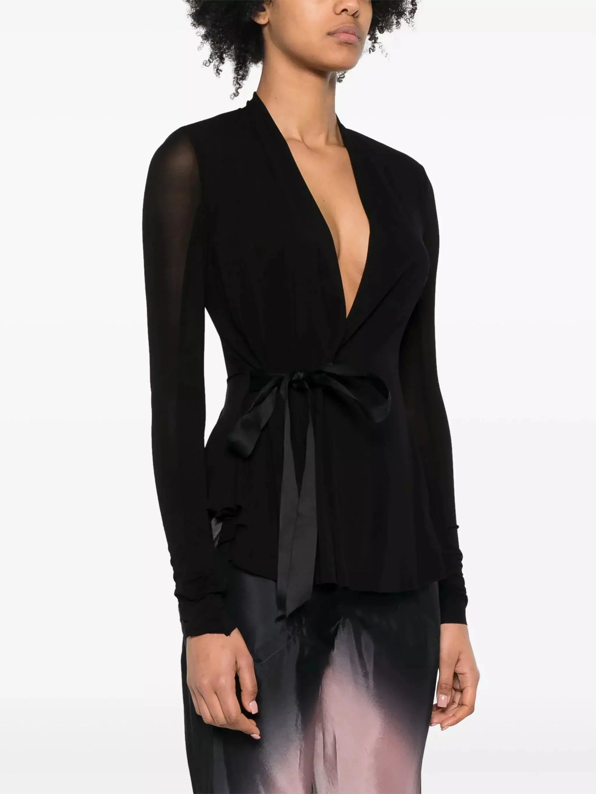 Black V-Neck Stretch Cardigan Jacket with Side Tie Branna Couture